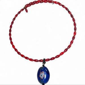 Elegant Red Beaded Coil Necklace with Blue Glass Handpainted Pendant